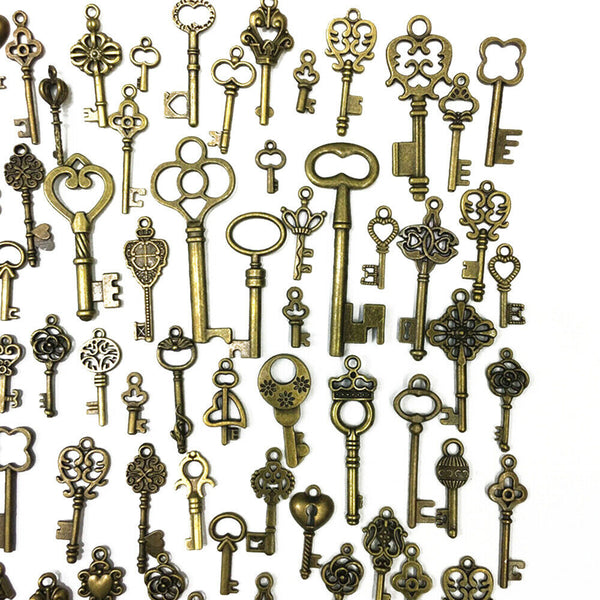 125Pcs Bronze Keys Vintage Royal Antique Old Look Skeleton Heart Bow DIY Pendant