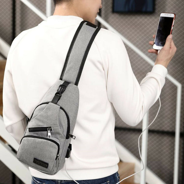 Mens Sling Chest Pack Shoulder Bag USB Charging Port Sports Crossbody Handbag