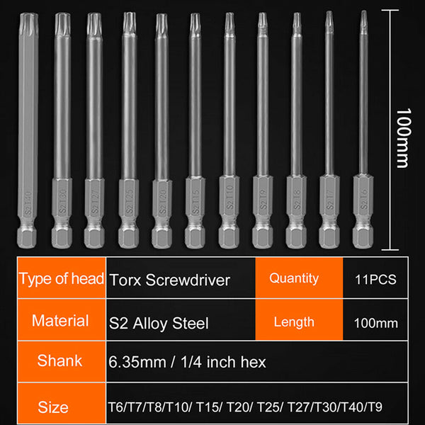 11pcs Torx Screwdriver Bit Set 100mm Long T6-T40 Star Head Temper Proof Security