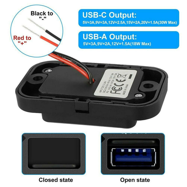 12/24V PD+QC3.0 Dual USB Port Car RV Fast Charger Socket Power Outlet Waterproof