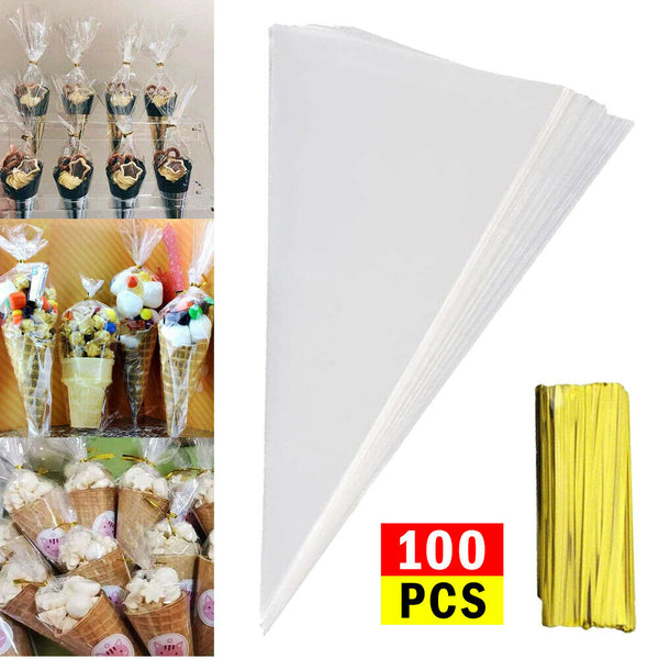 100X Clear cellophane cello cone sweet bags large candy kid party favour gift