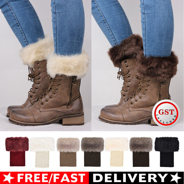 Women Winter Knitted Boot Cuffs Faux Fur Knit Trim Leg Warmer Crochet Toppers