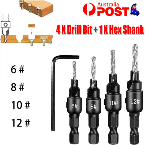 4x HSS Screw Countersink Bit Set Pilot Holre Drill Metal Plastic Wood Hex Shank