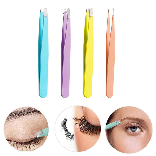 4X Professional Eyebrow Tweezers Set Plucker Puller Slanted Pointed Tip Manicure