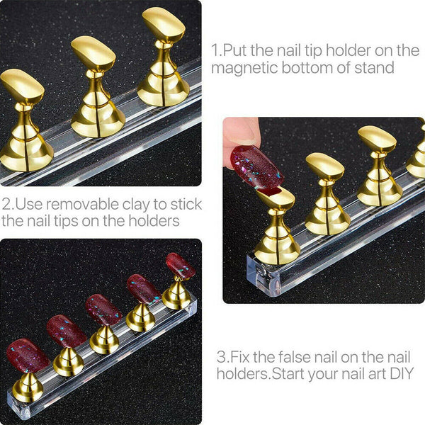 2 Sets Acrylic Nail Art Practice Display Stand Magnetic Nail Art Tips Holders
