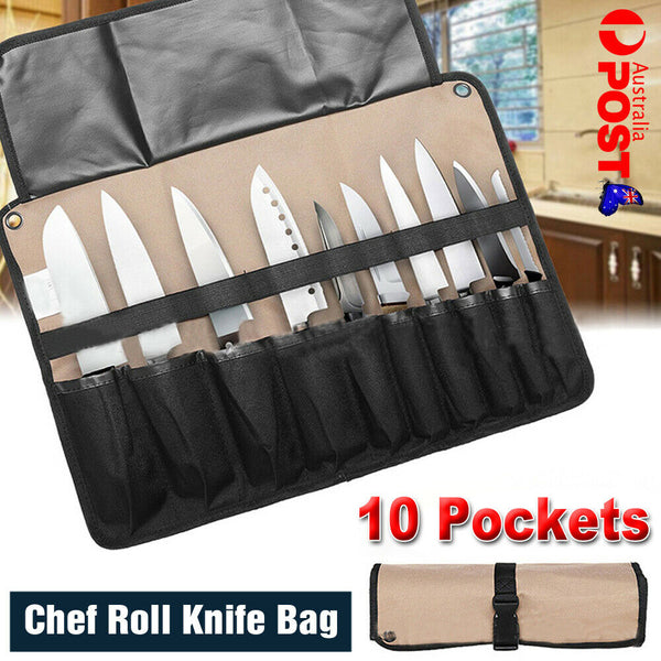 10 Pockets Chef Roll Knife bag with Handles Carry Portable Storage Case Kitchen