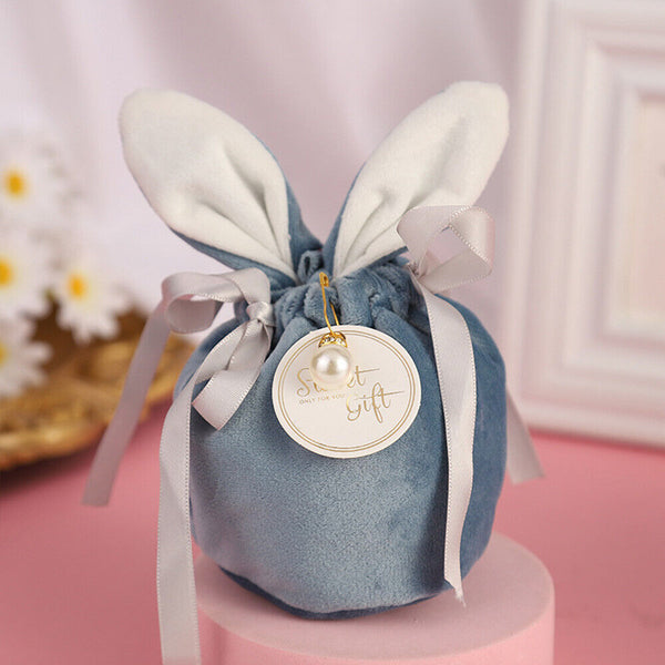 1-10pc Easter Rabbit Bunny Ears Velvet Candy Bag Bowknot Jewelry Pouch Gift Bags