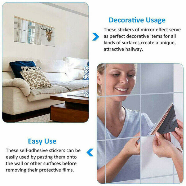 15x15CM DIY Mirror Tile Wall Mirrors Self Adhesive Sticker Film Foil_16PCS