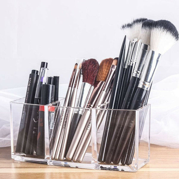 3 Slot Makeup Brush Holder Organizer Clear Cosmetic Brushes Acrylic Storage Case