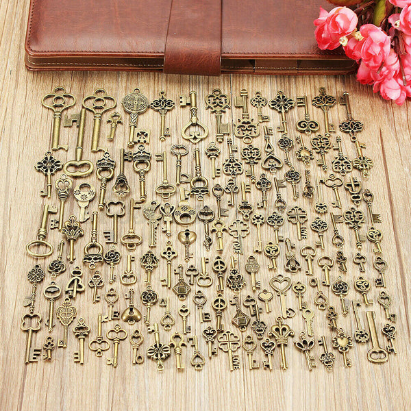 125Pcs Bronze Keys Vintage Royal Antique Old Look Skeleton Heart Bow DIY Pendant