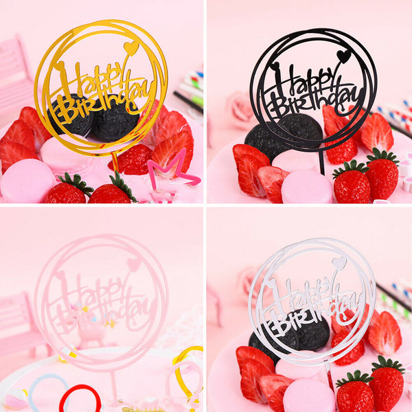 Double Circle Round Heart Happy Birthday Cake Toppers Acrylic Party Event Decor