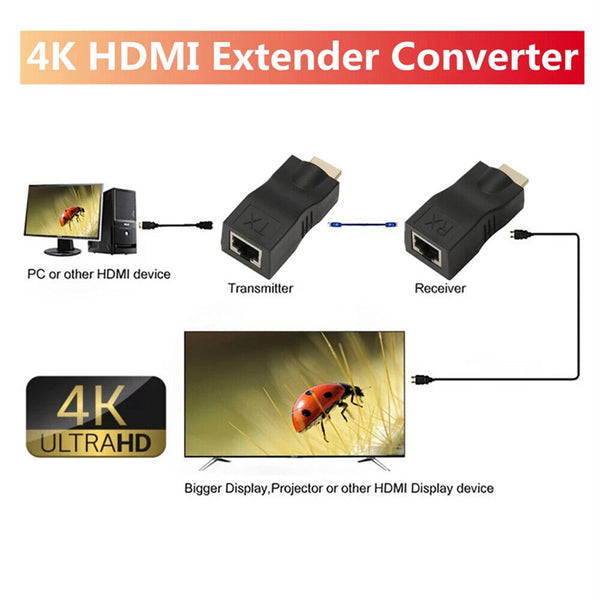 2x 30M HDMI Extender to Dual RJ45 Over Cat 5e/6 Network Ethernet Adapter 1080P