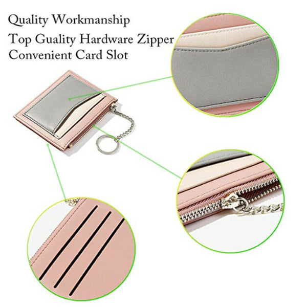 Women's Slim Leather Wallet Small Coin Cash Credit Card Holder With Key Chain