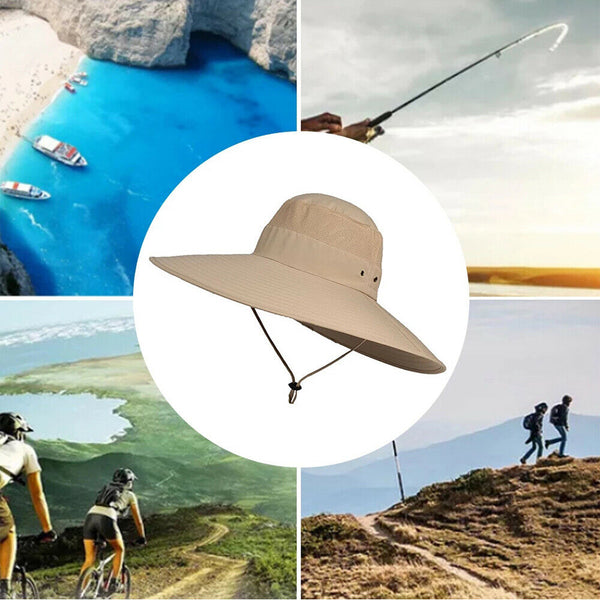 Hiking Sun Hat Unisex Wide Brim Fishing With Chin Strap Breathable Sun Protect