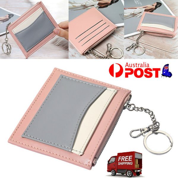 Women's Slim Leather Wallet Small Coin Cash Credit Card Holder With Key Chain