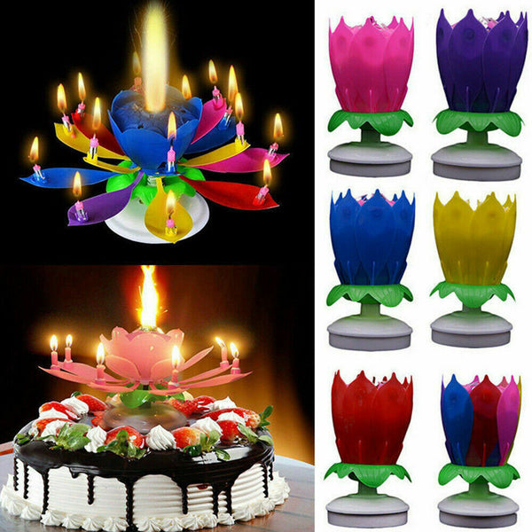 Blossom Lotus Flower Double-deck Rotating Music Birthday Candle Magic Party Cake