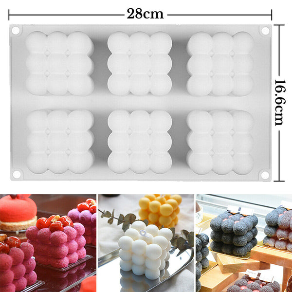 6 Cavities 3D Cube Candle Plaster Mould Silicone Square Bubble Cake Dessert Mold