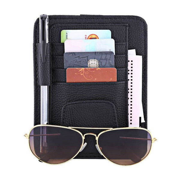 Sun Visor Organizer Sunglasses Holder Card Storage PU Leather Pouch Car Black