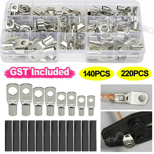 220PCS 4WD Cable Lug Ring Battery Copper Tube Connector Kits Terminal Crimper AU