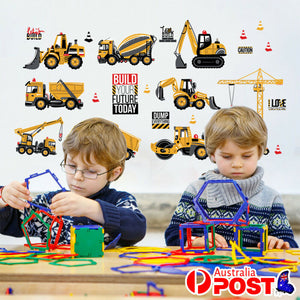 Removable Stickers Kids Boys Construction Vehicles Builders Wall Decor DIY AU