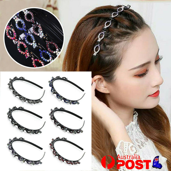 Woven Headband Rhinestone Clip Bangs Double Headband Hollow Braided Hairband AU