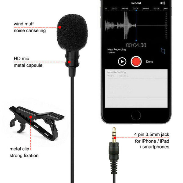 Clip-on Mic Microphone 3.5mm Lapel Lavalier for iPhone & Android Smartphones PC