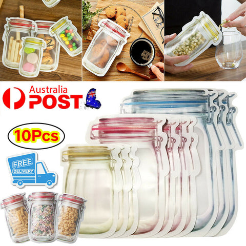10Pcs Mason Jar Bag Zipper Pouch PE Plastic Reusable Zip Lock Food Storage AU
