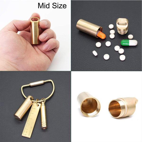 Pill Box Case Bottle Brass Container Waterproof Keyring Medicine Capsule Holder