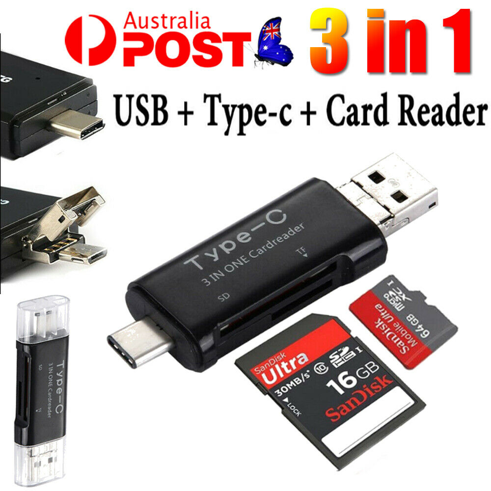 3IN1 USB Type-C Micro TF SD Memory Card Reader Adapter OTG Function Adapter AU
