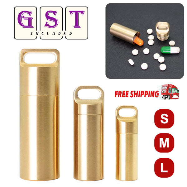 Pill Box Case Bottle Brass Container Waterproof Keyring Medicine Capsule Holder