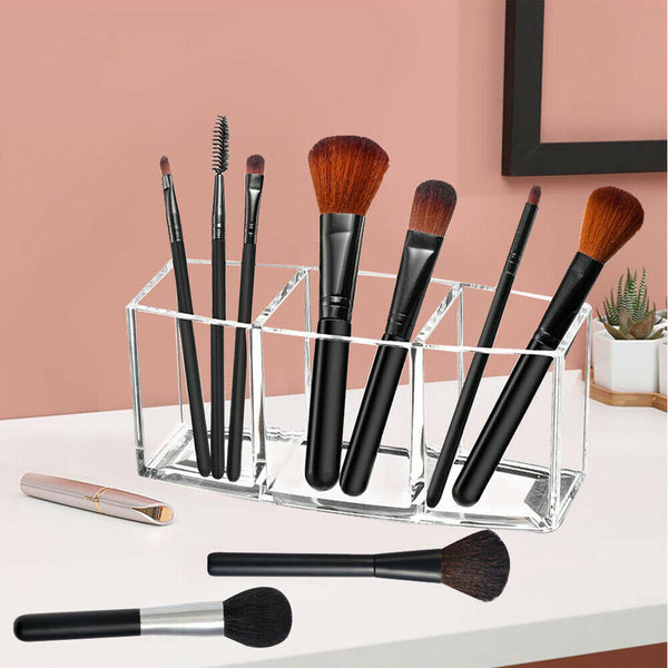 3 Slot Makeup Brush Holder Organizer Clear Cosmetic Brushes Acrylic Storage Case