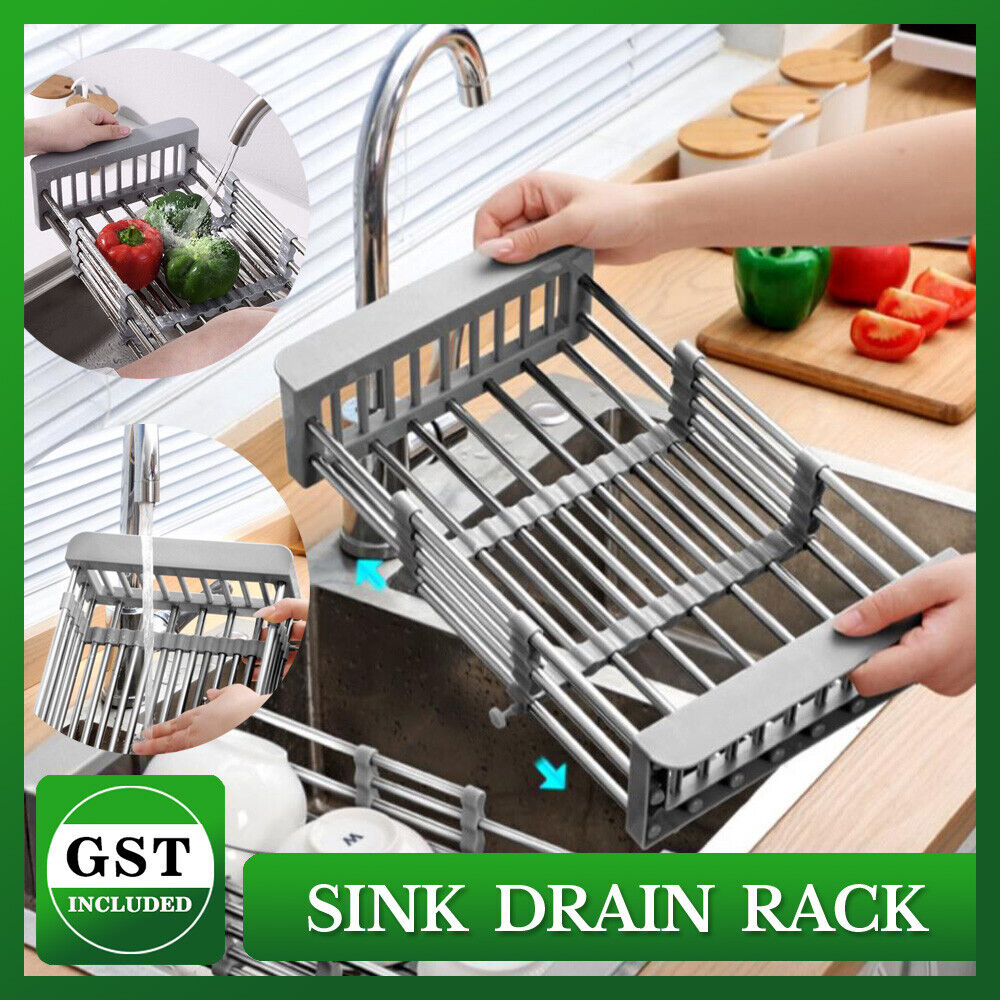 Stainless Steel Storage Sink Drain Basket Dish Drying Rack Kitchen Organizer AU