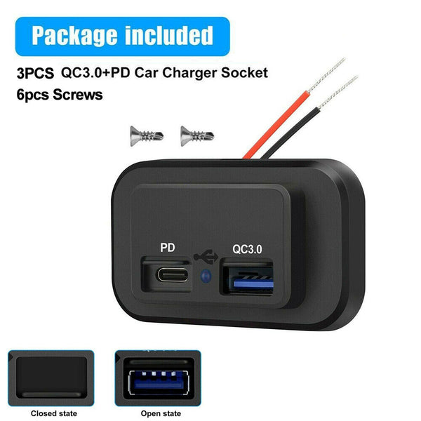 12/24V PD+QC3.0 Dual USB Port Car RV Fast Charger Socket Power Outlet Waterproof