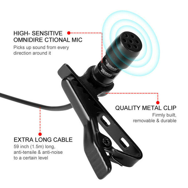 Clip-on Mic Microphone 3.5mm Lapel Lavalier for iPhone & Android Smartphones PC