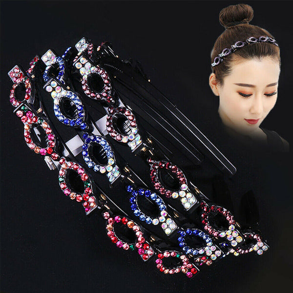 Woven Headband Rhinestone Clip Bangs Double Headband Hollow Braided Hairband AU