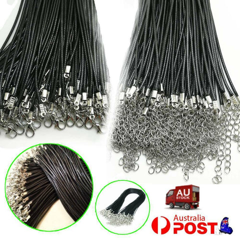 100X Black Woven Necklace Rope Leather Cord Stainless Men Women Lobster Clasp