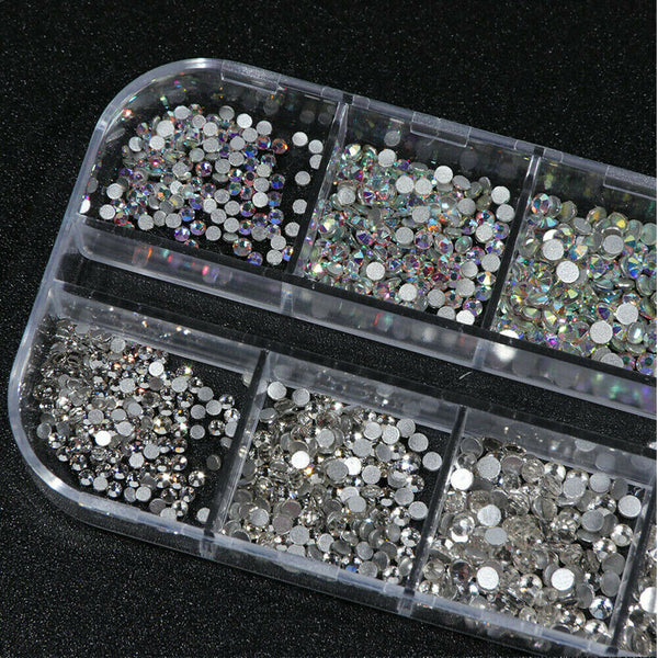 Flat Back Box Crystal Nail Art Decor AB Nails Rhinestones Diamond Beads 12 Grids