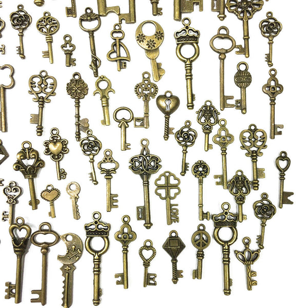 125Pcs Bronze Keys Vintage Royal Antique Old Look Skeleton Heart Bow DIY Pendant