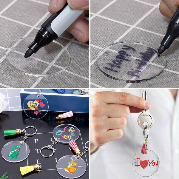 93pcs Clear Acrylic Circle Discs Keychain Blanks Tassel Pendant Key Ring DIY Set