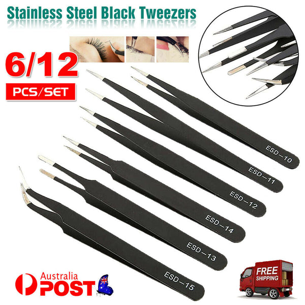 6/12x Tweezers Kit Stainless Steel Anti-static Nail Eyebrow Electronic Jewellery