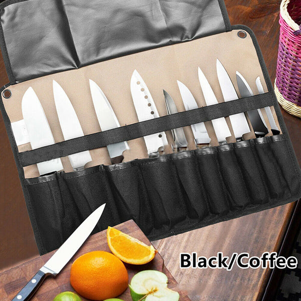 10 Pockets Chef Roll Knife bag with Handles Carry Portable Storage Case Kitchen