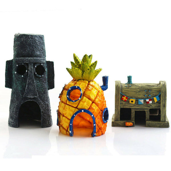 AU 1/3pcs Sponge Bob Pineapple House Hole Fish Tank Decoration Aquarium Ornament