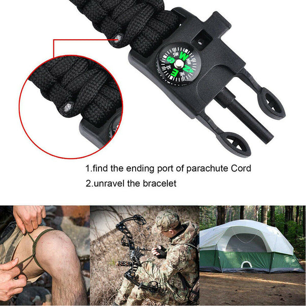 Deluxe Paracord Survival Bracelet Compass Fire Camping Whistle Hiking Army Gear