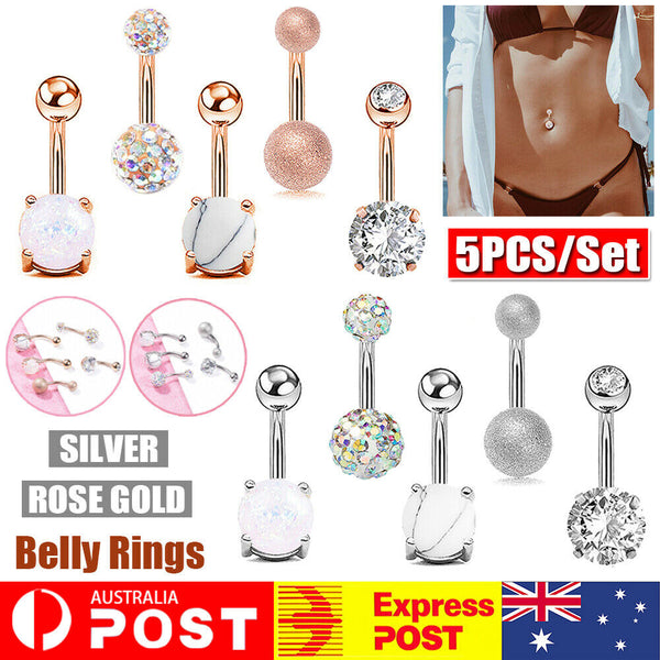 5PCS Belly Button Rings Navel Bars Surgical Steel Stone Body Piercing Jewellery