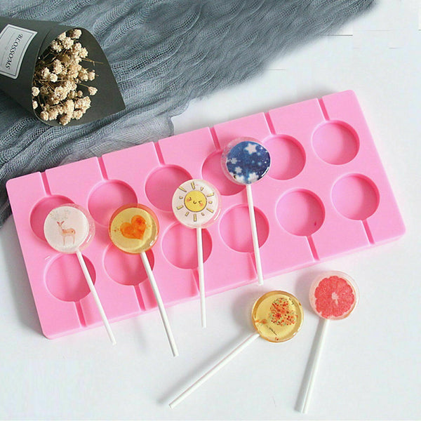 Round Silicone Lollipop Mould Baking Hard Candy Mold 12 Capacity DIY Sticks Set