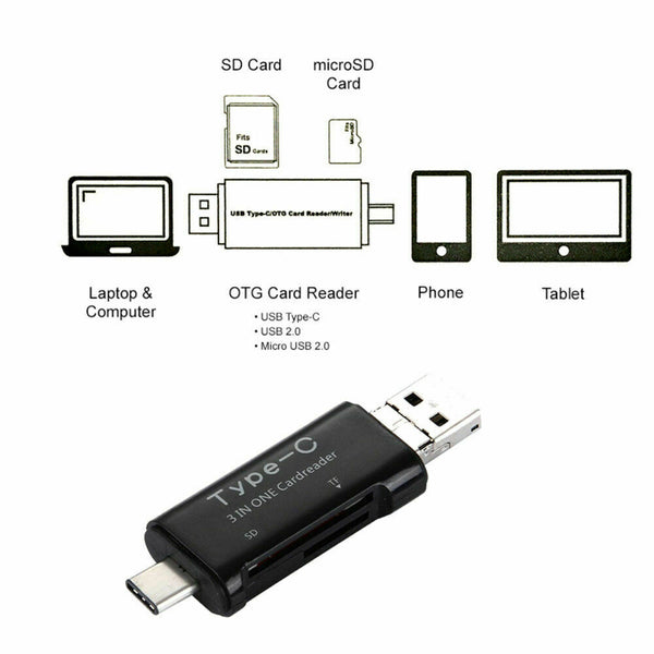 3IN1 USB Type-C Micro TF SD Memory Card Reader Adapter OTG Function Adapter AU