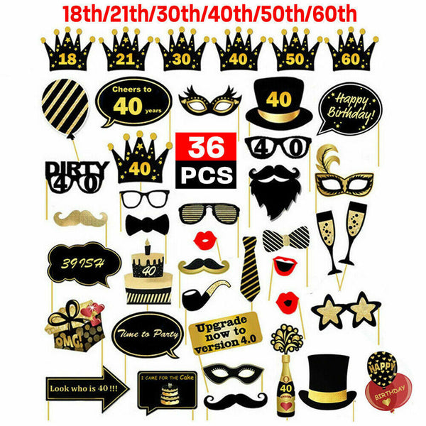 36PCS 18th/21st/30th/40th/50th/60th Birthday Party Photo Booth Props Decorations