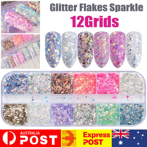 12 Color Holographic Nail Sequins Glitter Flakes Sparkle Confetti Art Decal