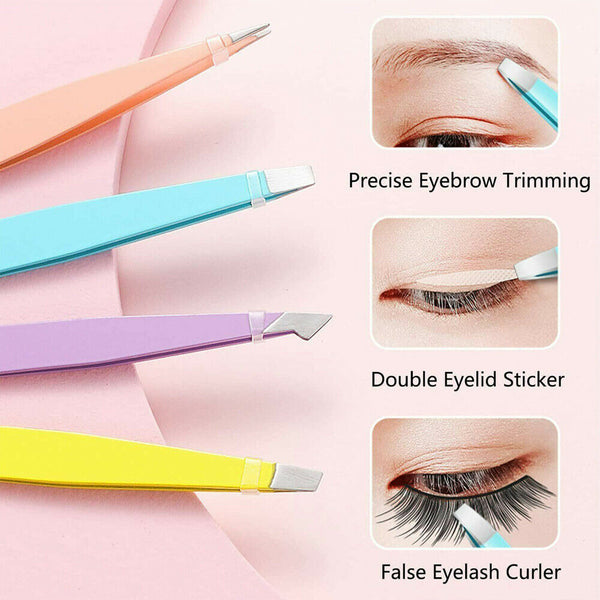 4X Professional Eyebrow Tweezers Set Plucker Puller Slanted Pointed Tip Manicure