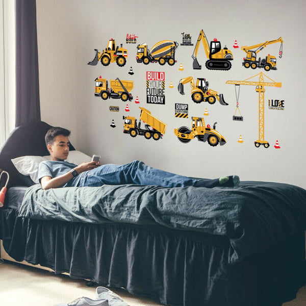 Removable Stickers Kids Boys Construction Vehicles Builders Wall Decor DIY AU